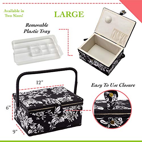 Sewing Basket with Floral Print Design - Sewing Kit Storage Box with Removable Tray, Built-in Pin Cushion and Interior Pocket - by Adolfo Design (Large - 12" x 9" x 6", Hibiscus) - color: Hibiscus, size: Large - 12" x 9" x 6"