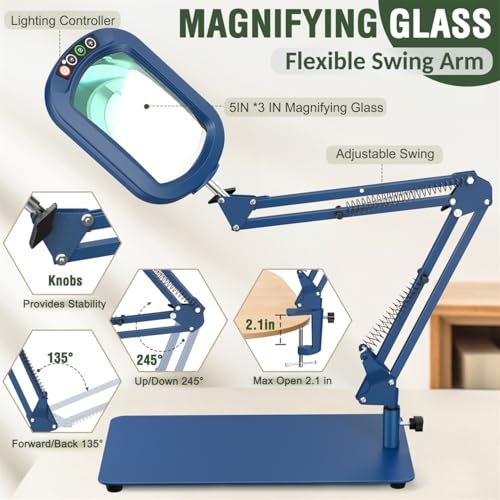 Veemagni 12X Rectangle Magnifying Glass with Light and Stand, 5 Color Modes Stepless Dimmable, 2-in-1 LED Lighted Desk Lamp & Clamp, Hands Free Magnifier for Reading Crafts Painting Close Work - Blue - color: Blue