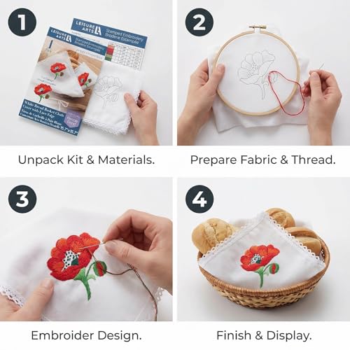 Leisure Arts Stamped Bread Basket Cloth Cover with Lace Edge - White Poppy Embroidery Kit with Printed Fabric, 15.7 x 15.7 in, DIY Needlework Kit for Adults and Beginners - color: Poppy