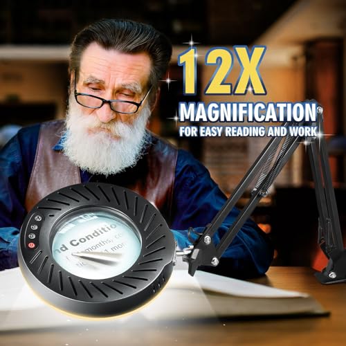 12X Magnifying Glass with Light and Stand, 144 LEDs Brightest Desktop Magnifying Lamp, 10 Dimmable Brightness 5 Color Modes, Hands Free Metal Swing Arm Desk Lamp for Craft Reading Painting (black) - color: Black