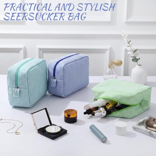 Sanwuta 3 Pcs Seersucker Makeup Bags, Navy Blue, Green, Lake Blue - color: Navy Blue, Green, Lake Blue