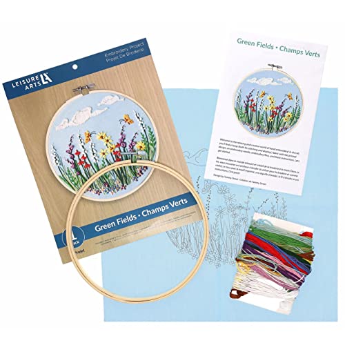 LEISURE ARTS Embroidery Kit for Beginners - Green Fields - Cross Stitch Kit for Adults - Includes 8'' Hoop & Pattern