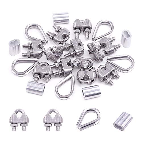 Swpeet 24Pcs M3 (5/16") Wire Rope Accessory Set, Included M3 Wire Rope Cable Clip Clamp, M3 Stainless Steel Thimble, 3mm Aluminum Crimping Loop Sleeve Perfect for 1/8 inch Wire Rope Cable (M3) - size: M3