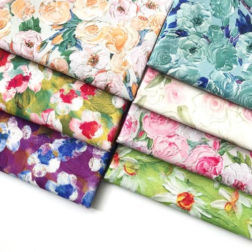 7 Pcs Oil Painting Flower Fat Quarters Fabric Bundles Quilting Fabric Bundle Patchwork for Sewing Quilting and Crafting (18x22 inch)