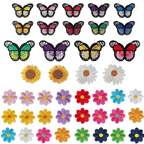 42PCS Butterfly Flower Embroidery Patches, Iron On Sew On Appliques DIY - color: Butterfly & Flower