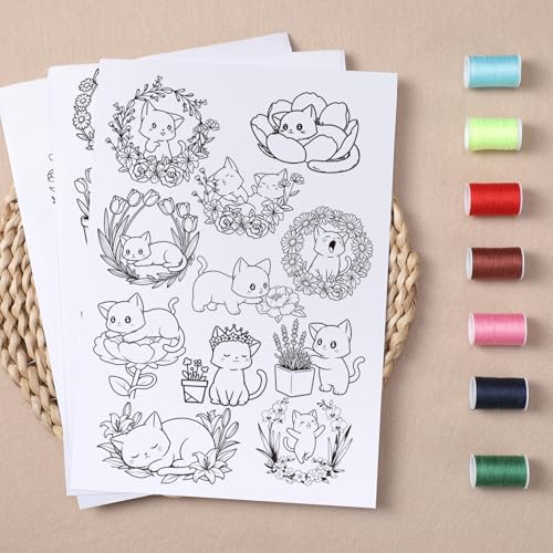 Water Soluble Embroidery Patterns Stabilizers, 4 Sheets Cat Floral Stick and Stitch Embroidery Papers Wash Away, Pre-Printed Cute Animal Transfer Paper Customized Gift for Hand Sewing Lovers Beginners - size: Cat flower
