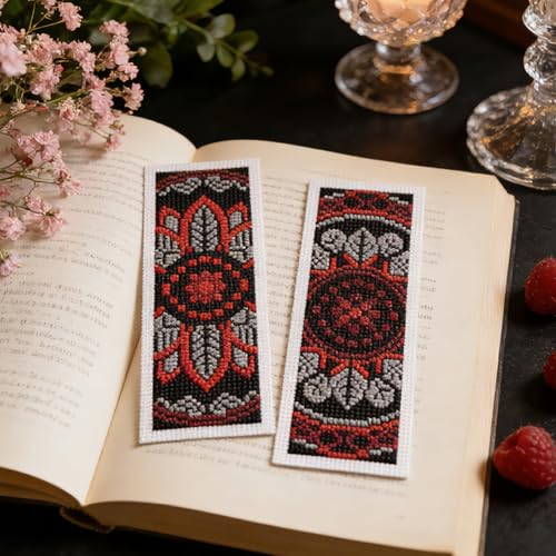 INFUNLY 6 Pcs Gothic Mandala Cross Stitch Bookmark Kit 3x8.5 Inch Pre Printed Dark Floral Counted Cross Stitch Bookmark Kit for Adults DIY Embroidery Kit with Instruction for Book Lover Reader Writer