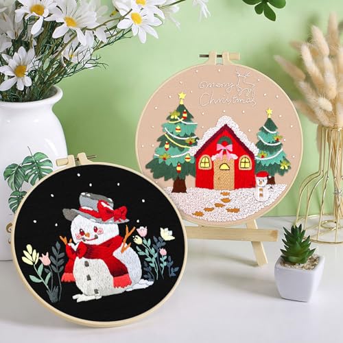 ERKOON 3 Sets Embroidery Kit for Beginners, Christmas Cross Stitch Set with Easy Pattern Embroidery Cloth Hoops Threads for Craft Lover Hand Stitch - color: 3pcs Christmas