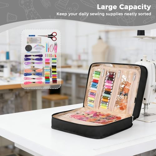 Hautton Sewing Craft Supplies Storage Tote, Large Capacity Organizer Bag with Multi Clear Pockets and Handle for Knitting, Crochet, Art Tools, Threads, Needles, Scissors and Accessories -Black - color: Black