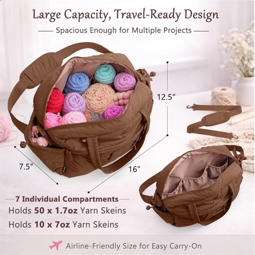 MYBAGZING Large Crochet Bag Organizer w/Crochet Hook Case & Yarn Grommets - color: Brown
