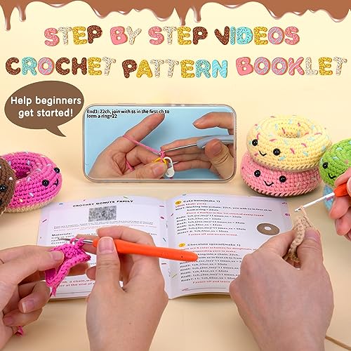 Crochet Kit for Beginners, Beginner Crochet Starter Kit w Step-by-Step Video Tutorials, Learn to Crochet Kits for Adults & Kids, DIY Knitting Supplies, 6-Pack Donut Family(40%+ Yarn Content) - color: Donut Family