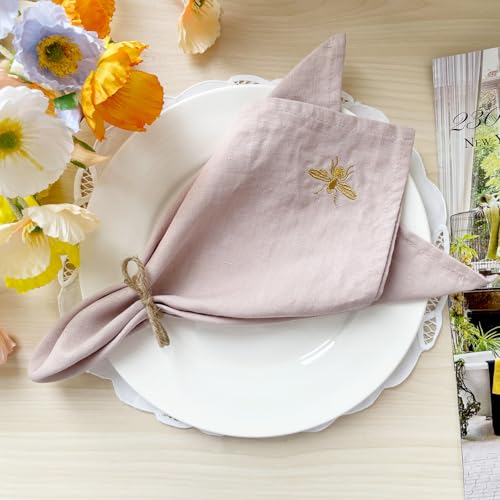 DerF HOME Embroidered Linen Napkins Set of 4, Light Pink 18x18 Inch - color: Light Pink-napkins(set of 4)