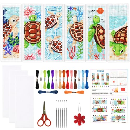 ORIGACH 6 Set Turtles Cross Stitch Bookmark Kit for Beginner - style: Turtles