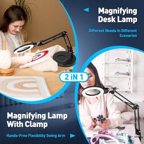 KIRKAS 12X Magnifying Glass with Light and Stand, Overhead Knob 2 in 1 - size: 12X 9.06 INCH Base & Clamp