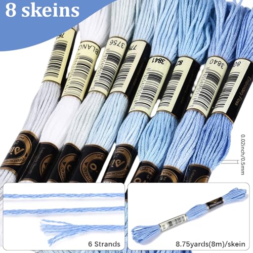 70 Yards 8 Skeins Gradient 6 Strands Light Sky Blue Variegated Cross Stitch Floss Polyester Embroidery Thread String Friendship Bracelets Threads Set for Hand Sewing Making Knitting Supply - color: Light Sky Blue, size: 70 Yards