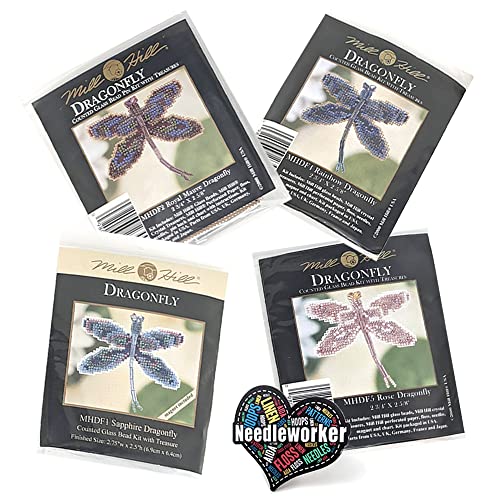 Mill Hill Dragonfly Beaded Counted Cross Stitch Kits, Set of 4 - Mill Hill Spring Ornament Kits 2000 - Plus Decorative 'Needleworker' Sticker
