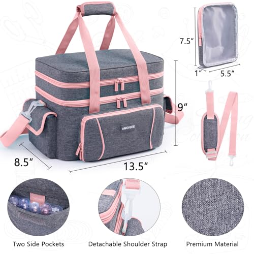 Double-Layer Sewing Organizer Bag with 2 Detachable Pouches and Dividers - color: Vintage, size: L-13.5"