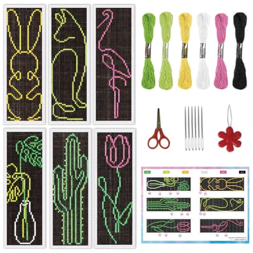 INFUNLY 6pcs Simple Animals Cross Stitch Bookmark Kit for Beginners DIY Abstract Plants Embroidery Bookmark Kits Rabbit Needlepoint Kit with Instruction Easy Cross Stitch Set for Book Lovers Readers - style: Simple Drawings
