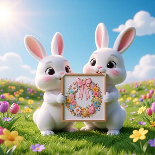 JJFox Embroidery Kit for Beginners and Adults, DIY Hand Embroidery Starter Kit with Cute Pattern, Cross Stitch Needlepoint Set with Hoop, Threads and Instructions (Easter Wreath) - color: Easter wreath