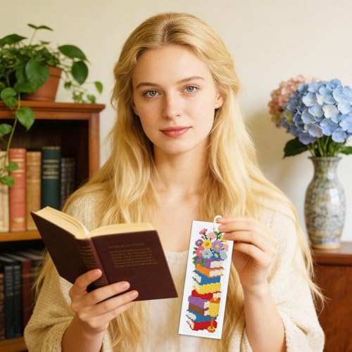 ORIGACH 6 Set Stacked Books & Flower Cross Stitch Bookmark Kit for Beginner - style: Stacked Books & Flower