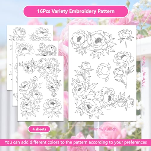 ORIGACH 4 Sheets 16 Pcs Water Soluble Embroidery Patterns Stabilizers - Pre-Printed Blooming Peony Bouquet Designs - Stick & Stitch Embroidery Paper for Hand Sewing Lovers - color: Blooming Peony Bouquet