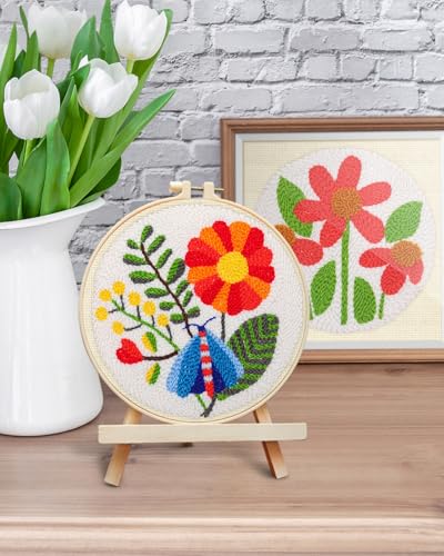 ERKOON Punch Needle Kit Adults Beginners, 2 Pcs DIY Easy Flower Embroidery Set for Starter Art Craft, Needling Punching Project with Patterns, Tools, Yarns, Hoop, Instruction (Safflower) - color: Safflower