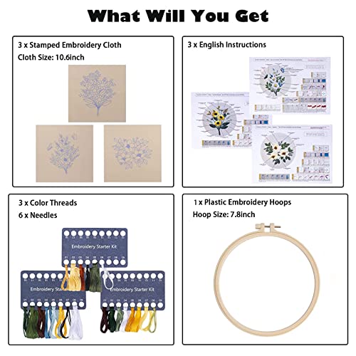Embroidery Kit for Beginners,Cross Stitch Kits for Adults DIY Craft 3pcs Embroidery Pattern Needlework Fabric Embroidery Thread and Needles 1pcs Embroidery Hoop Adult Stitch Stuff Sewing Kit Gift - color: Flower