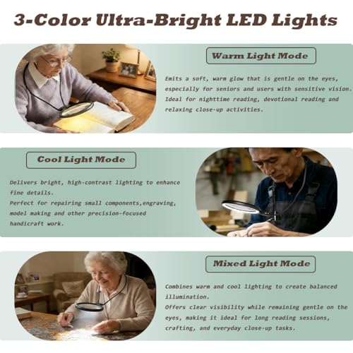 Hands Free Neck Wear Magnifying Glass with 30 LED Lights, Full Book Page 5X/10X Rechargeable Reading Magnifier Flexible Gooseneck Magnifiers for Seniors, Low Vision, Sewing, Crafts & Close Work