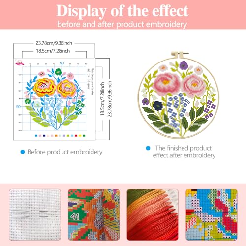 Zhenqing Pink Floral Cross Stitch Kit for Beginners - 11CT 24x24cm Pre-Printed Pattern with Embroidery Hoop, Threads & Tools(70521) - color: Pink Floral
