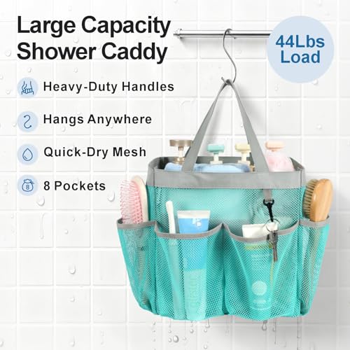 Mesh Shower Caddy Portable - 8 Pockets, S-Hook, Shower Bag for Dorm Camping - color: 1 Pack Mint Green, size: L (Classic Dorm Caddy)