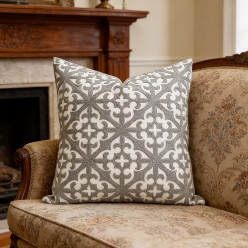 SLOW COW Embroidered Throw Pillow Cover 18 x 18 Inch Grey - color: Grey Farmhouse Flower, size: 18" x 18" (Pack of 1)