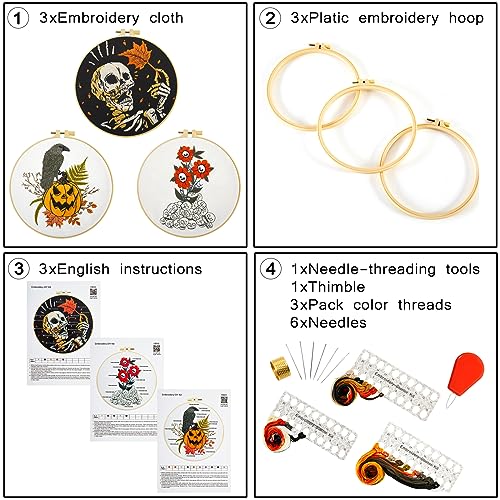 Gothic Halloween Embroidery Starter Kit for Beginners Adults, Stamped Cross Stitch Kit Needlepoint Kit for Beginner Adult, 3 Embroidery Hoop 3 Set Embroidery Supplies (Attached Teaching Video QR Code) - color: White