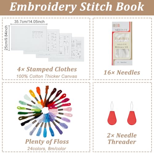 PLIGREAT DIY Stitch Book Embroidery for Beginner Adults, Embroidery Stitch Guide Sewing Practice Samplers Set with 24 Colors Embroideries Floss, 2 Threaders, 1 Set of 16 Needles, 4 Pages
