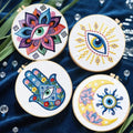 FREEBLOSS 4 Set Embroidery Kit Hamsa Pattern Stamped Embroidery Starter Kit with Step by Step Instructions, Colored Threads, 2 Hoops, Needlepoint Kits for Hand Craft Lovers Gift, 30cm/11.8inch - style: Tarot Elements