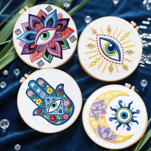 FREEBLOSS 4 Set Embroidery Kit Hamsa Pattern Stamped Embroidery Starter Kit with Step by Step Instructions, Colored Threads, 2 Hoops, Needlepoint Kits for Hand Craft Lovers Gift, 30cm/11.8inch - style: Tarot Elements