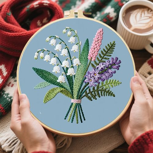 FREEBLOSS 4 Sets Embroidery Kit for Beginners Needlepoint Bouquet Stamped Embroidery Starter Kit with Instructions, Needles, Threads, 2 Hoops 11.6"/29.5CM - style: Bouquet