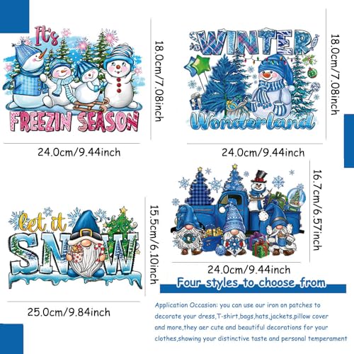 4 Packs Christmas Iron on Patches for Clothing Blue Theme Christmas Iron on Transfer Stickers Cute Snowman Dwarf Car Snowflake Design Ready to Press Decal Heat Transfer Vinyl Appliques for DIY T-Shirt - color: K