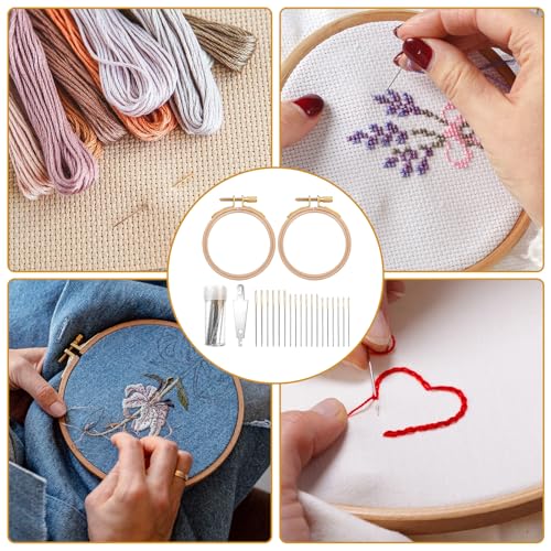 2PCS 3 Inch Wooden Embroidery Hoops, 30PCS 3 Sizes Embroiderys Needles, and 1PCS Needle Threader, Wood Circle Cross Stitch Hoops Ring Small Embroidery Hoop Frame Embroiderys Ring for Art Craft Sewing