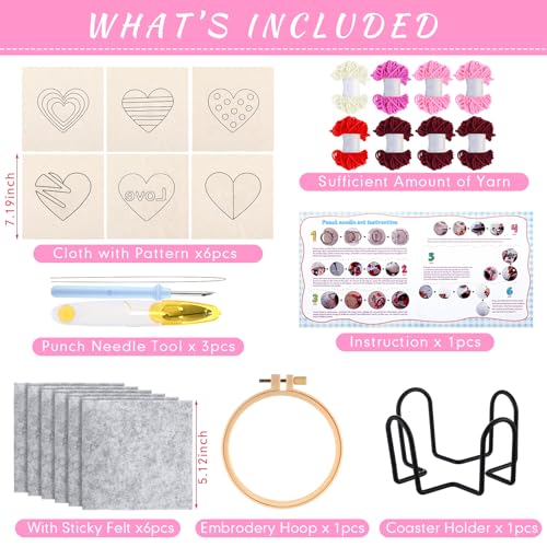 Yaomiao 6 Pcs Valentine's Day Punch Needle Coaster Kit Embroidery Kits Punch Needle Set Craft Supplies with Patterns Yarns Tools Adhesive Felt Embroidery Hoop Instruction Holder for DIY - style: Heart