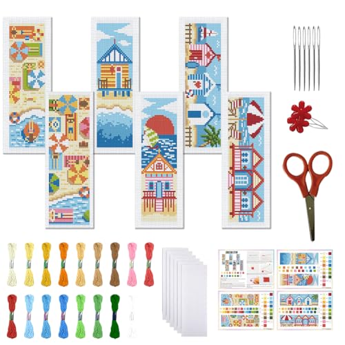 FREEBLOSS 6 Set Cross Stitch Bookmark Kits 8"x2.4" Summer Beach Scenery - style: Summer Beach