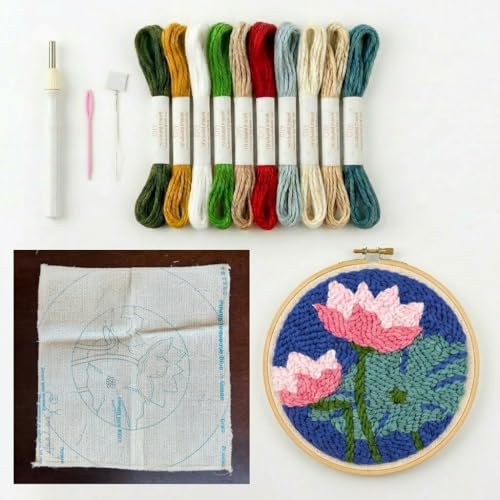 Meoe&heome Punch Needle Kit for Beginners, DIY Embroidery Set with 20+ Patterns(Pink Lotus) - color: Pink Lotus