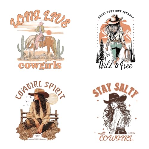 SUPERDANT 4PCS DTF Transfers Ready to Press Iron on Transfers for Clothing - style: Western Cowgirls