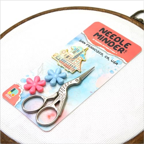 Awesome Pattern Studio Needle Minder Set - San Francisco Magnetic Needle Minder + 2 Needle Threaders + Crane Scissors. Enamel Pin for Cross Stitch, Embroidery and Craft - size: San Francisco Set #2