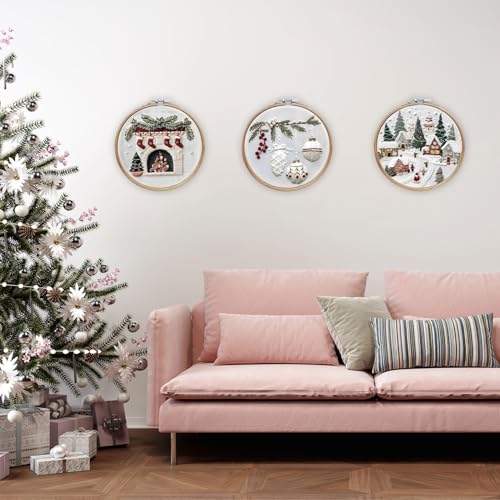 EOBTAIN 3 Pcs Christmas Embroidery Kit for Beginners,Winter Christmas Village Embroidery Starter Kit Green Xmas Tree Fireplace Stamped Patterns with Hoop,Thread,Needles,Hand DIY Craft Kits for Adults - color: White