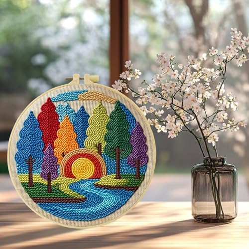 ZuoAnLF Punch Needle Kit for Beginner, Rug Yarn Hooking Beginner Kit with Instruction, Punch Needle Fabric with Pattern, Yarns, Embroidery Hoops for Punch Needle 20CM/9.8INCH (Tree) - color: tree