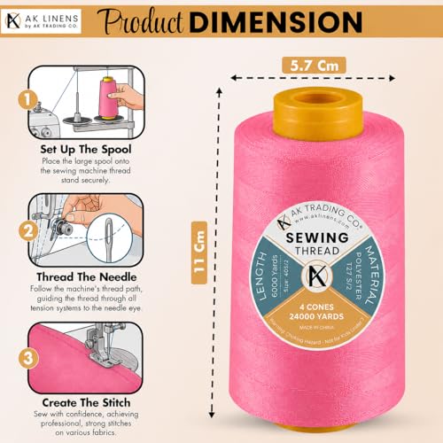 AK Trading 4-Pack NEON Flamingo All Purpose Sewing Thread Cones (6000 Yards Each) of High Tensile Polyester Thread Spools for Sewing, Quilting, Serger Machines, Overlock, Merrow & Hand Embroid - color: NEON FLAMINGO