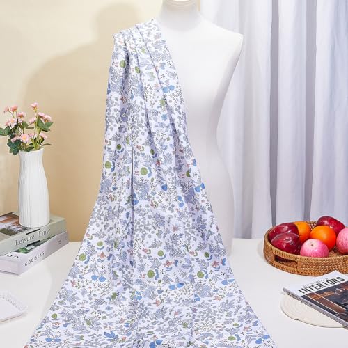 1.75 Yards White Floral Cotton Fabric Light Colored Retro Flower Leaves Patchwork Printed Squares Quilting Vintage Flowers Cloth for Sewing Making Dresses Headscarf Shawl DIY Craft Supply - size: 1600MM, style: White Flower