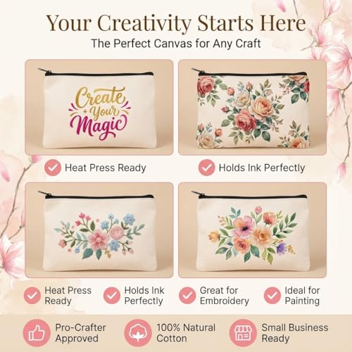 40pcs Blank canvas Zipper Pouch Makeup Bags Bulk, Smooth Zipper Pencil Case - color: Beige, size: 9x7.1