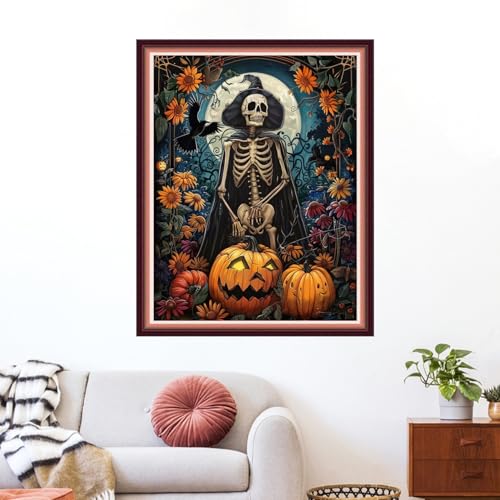 Funxvoot Stamped Cross Stitch Kits for Beginners or Adults Embroidery Starter Patterns | DIY Printed Cross Stitch Kits Needlepoint for Adults 11CT-Skeleton Moon 16x20 inch - color: color21