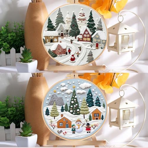 Offizon Christmas Embroidery Kit for Beginners, 2 PCS Starter Cross Stitches, Winter Night Santa Handicrafts, Merry Chistmas - color: Christmas Snow